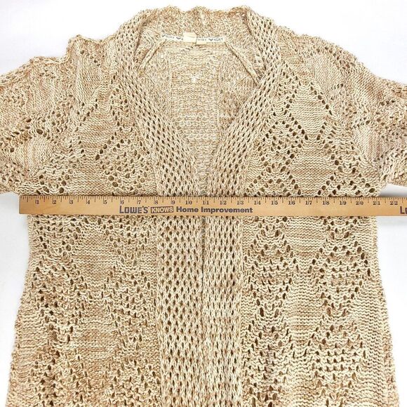 ROXY Crochet Knit Kimono Bell Sleeve Midi Duster Cardigan Boho Fringe Hem Brown - Picture 4 of 6